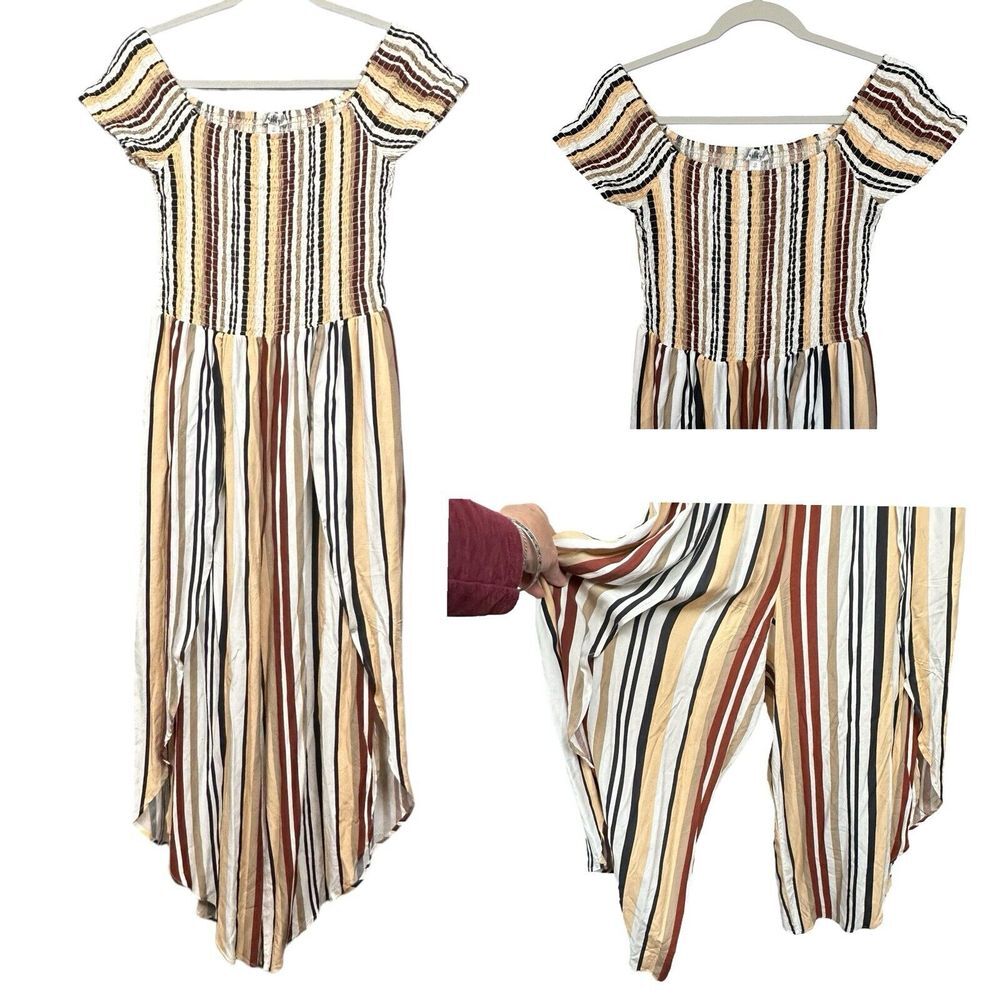 J‎ for Justify Smocked Jumpsuit Womens L Multicolor Striped Wide Genie Leg Boho